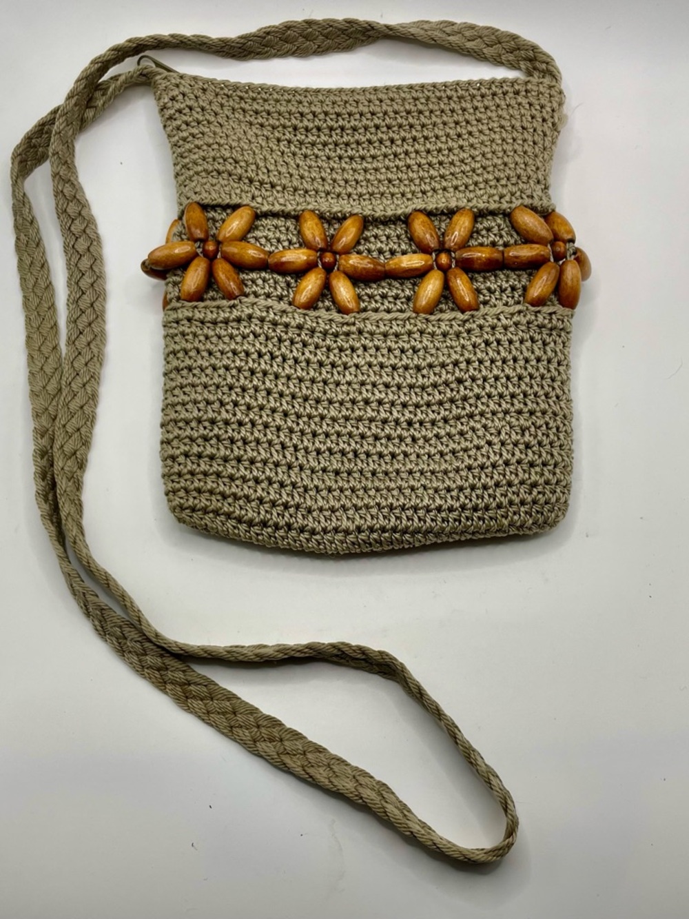 Boho Knit Macrame Wooden Beaded Flowers Cross Body Shoulder Bag Purse